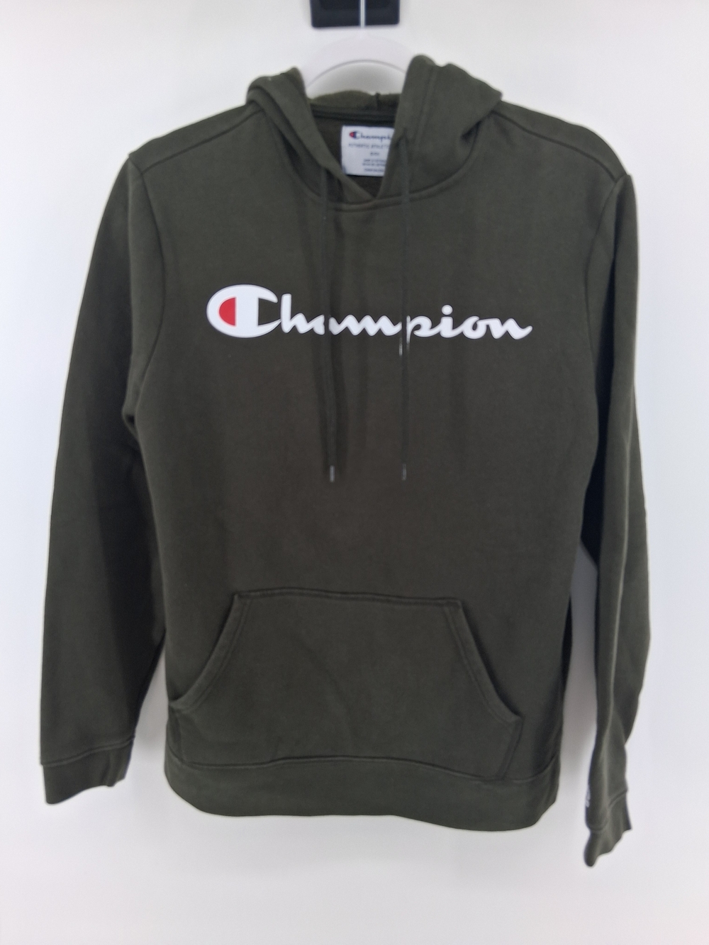Champion Olive Green Logo Hoodie with White and Red Accents